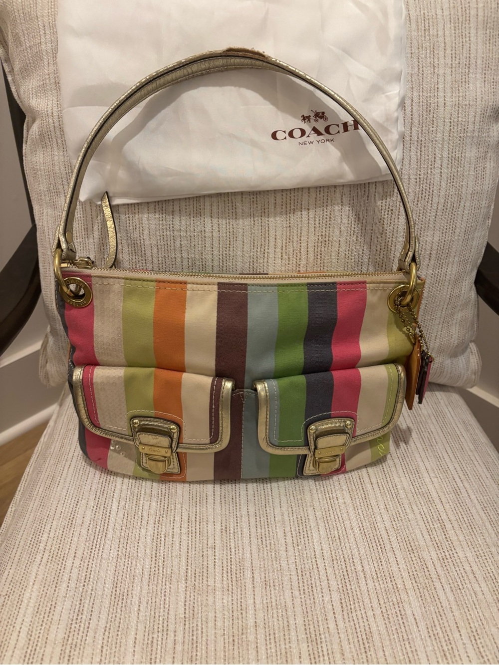Coach Striped Multicolor Shoulder Bag with Gold Hardware
